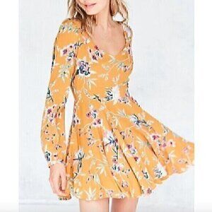 ECOTE URBAN OUTFITTERS Rosalinda Floral Long Sleeve Mini Dress Mustard Fit Flare